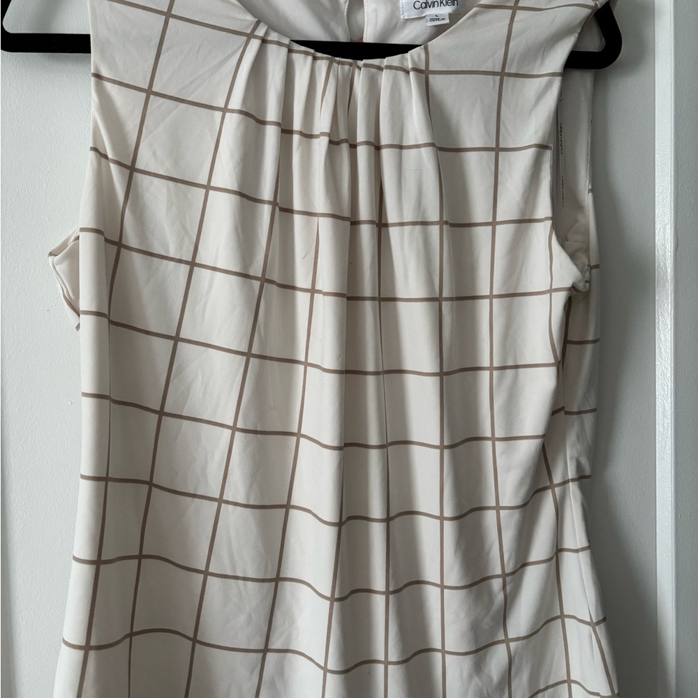 Calvin Klein Cream and Brown Grid Blouse